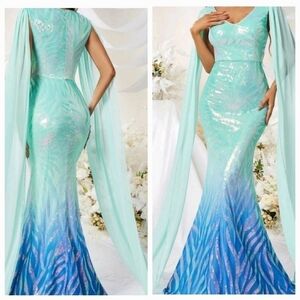 Mint Blue Random Print Contrast Mesh and Sequined Mermaid Maxi Gown